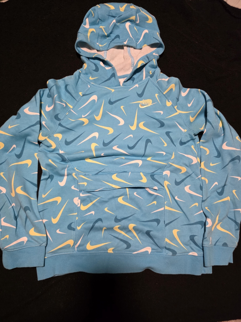 Nike Youth Light Blue Hoodie with Multicolor Swoosh Print